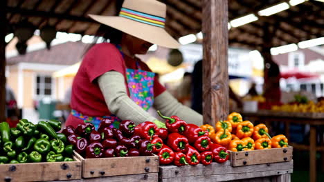 Woman selling colorful peppers at a farmers market