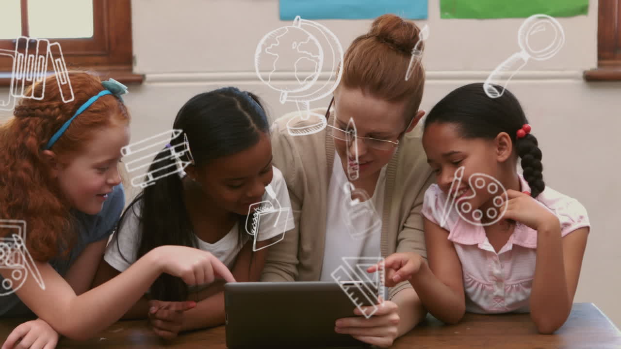 animación de suministros escolares que caen sobre diversos escolares en la clase en la escuela
