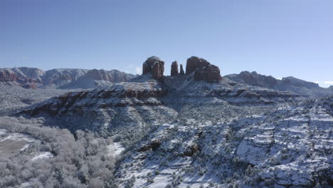 Aerial-Pan-1-of-Cathedral-Rock-near-Oak-Creek,-Sedona-Arizona---After-a-snowfall