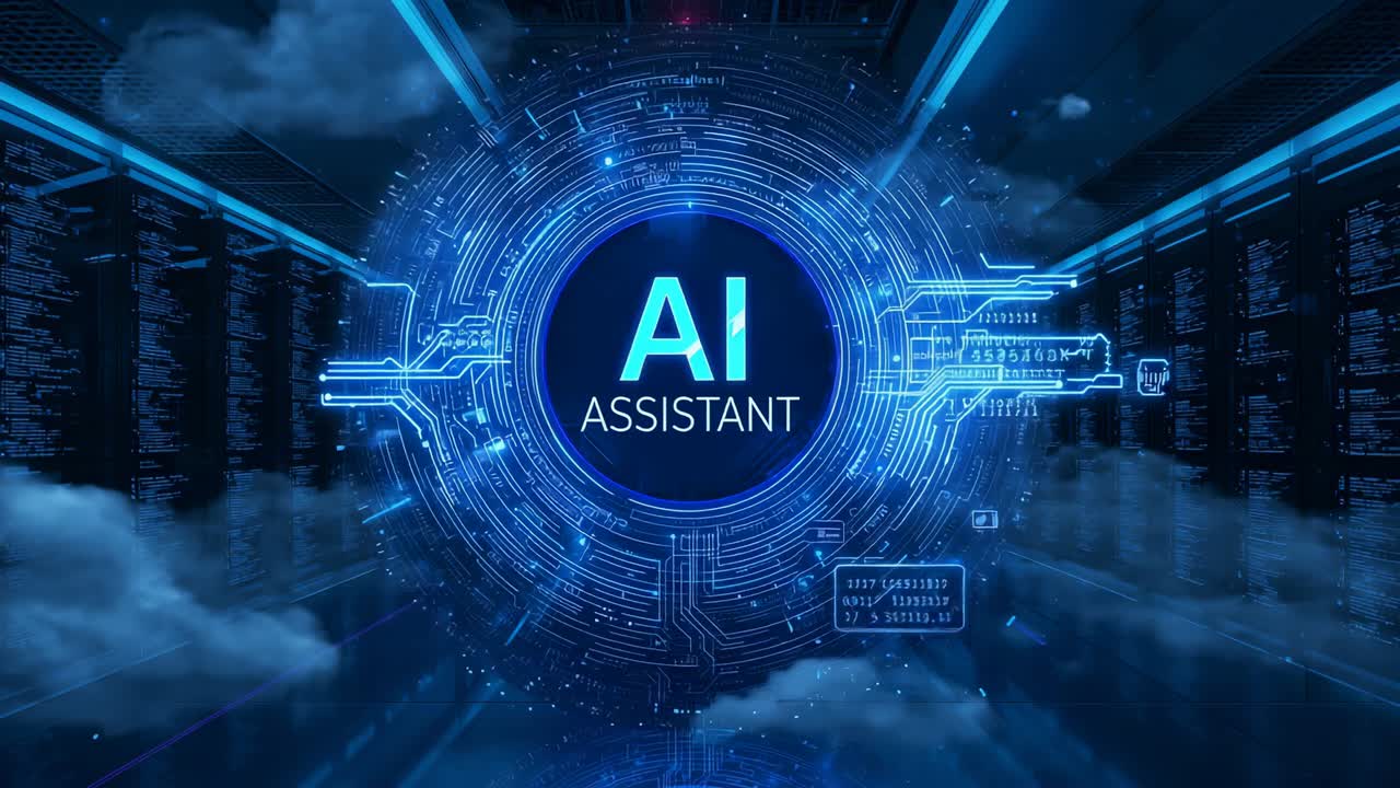 After glowing ring, central AI ASSISTANT logo emerging in data center corridor, with code panels