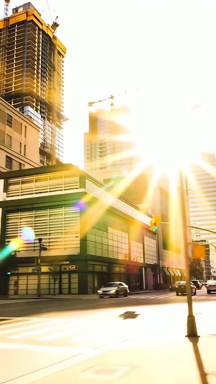 Vídeo vertical: Câmera panorâmica movendo-se em direção ao sol para filmar o amanhecer em uma rua do centro, guindaste no brilho