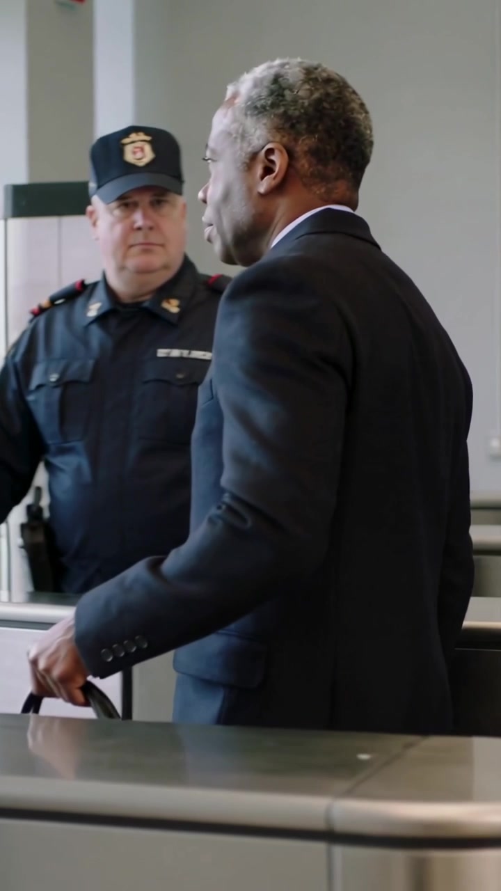 Vertical video: Approaching turnstile, man in suit placing briefcase for screening at checkpoint