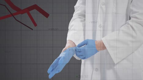 Financial-data-processing-against-mid-section-of-doctor-wearing-surgical-gloves