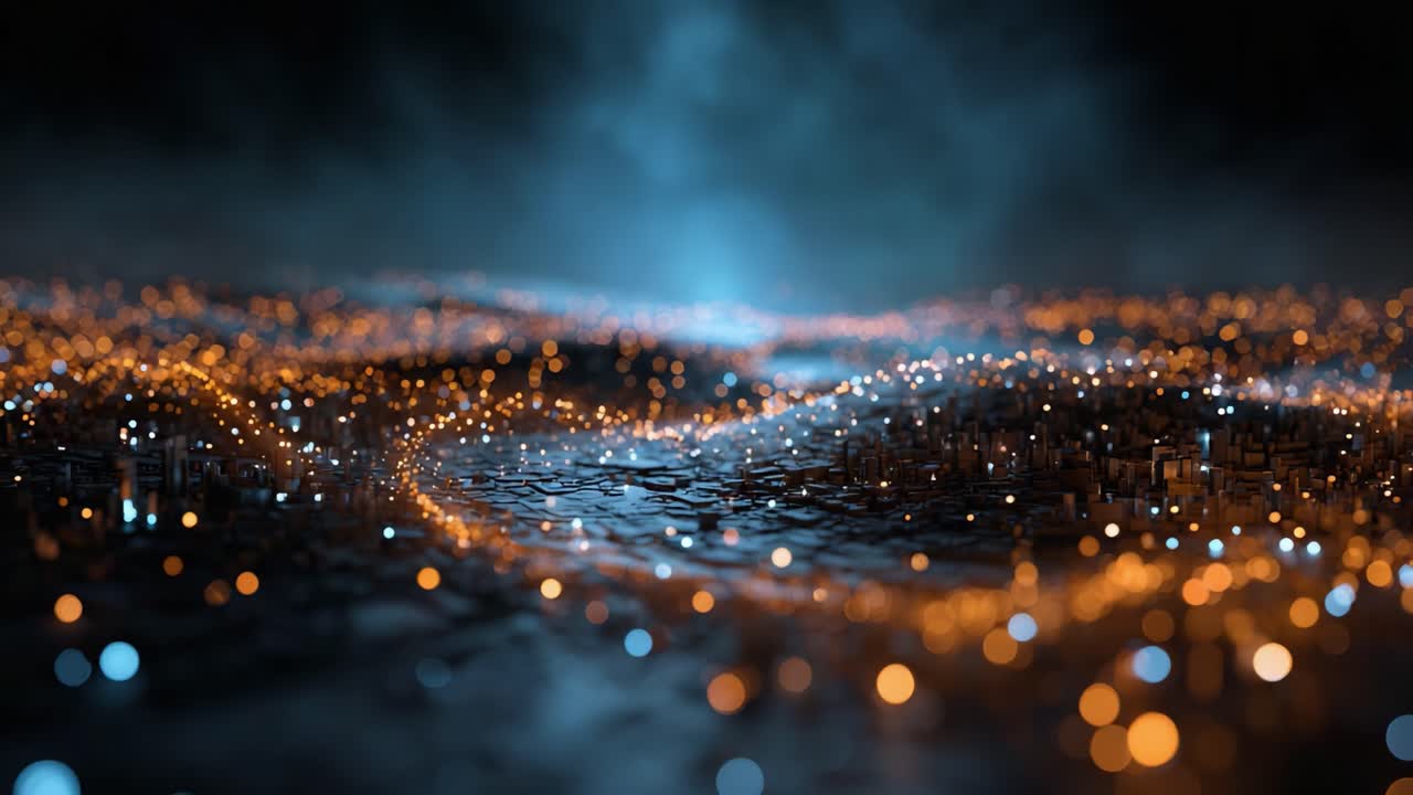 Visualizzazione astratta di sfere luminose in un paesaggio oscuro e suggestivo, che mostra un affascinante intreccio di luce e texture su un terreno digitale.
