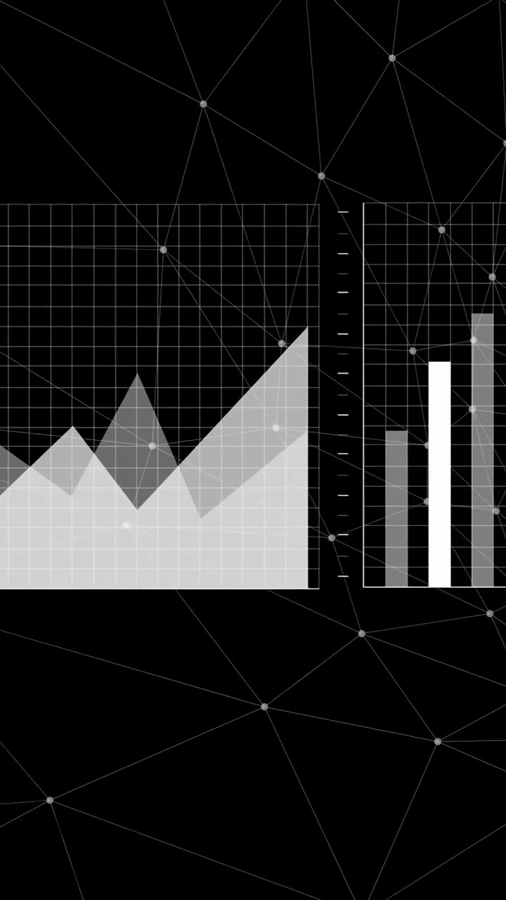 Panel sliding from right initiating tech charts, line graph showing markers and trends, bars rising