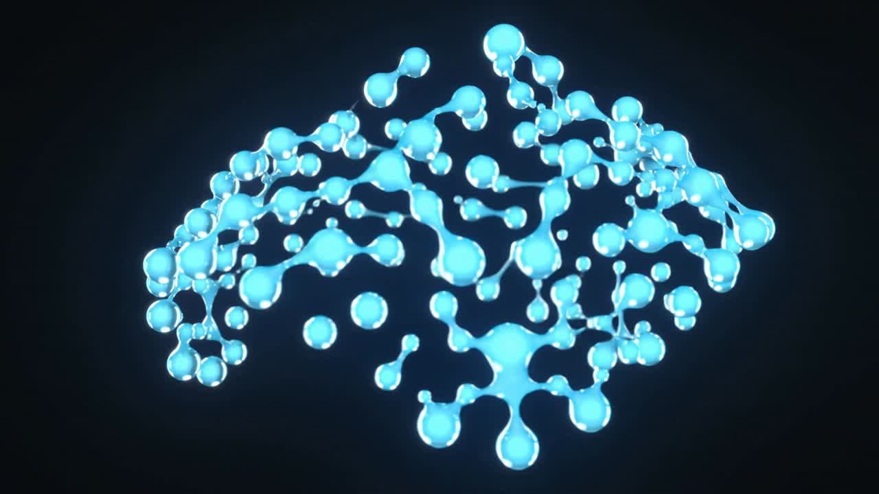 Evolving cyan molecule net, new droplets appearing, consolidating into stable arch on black void