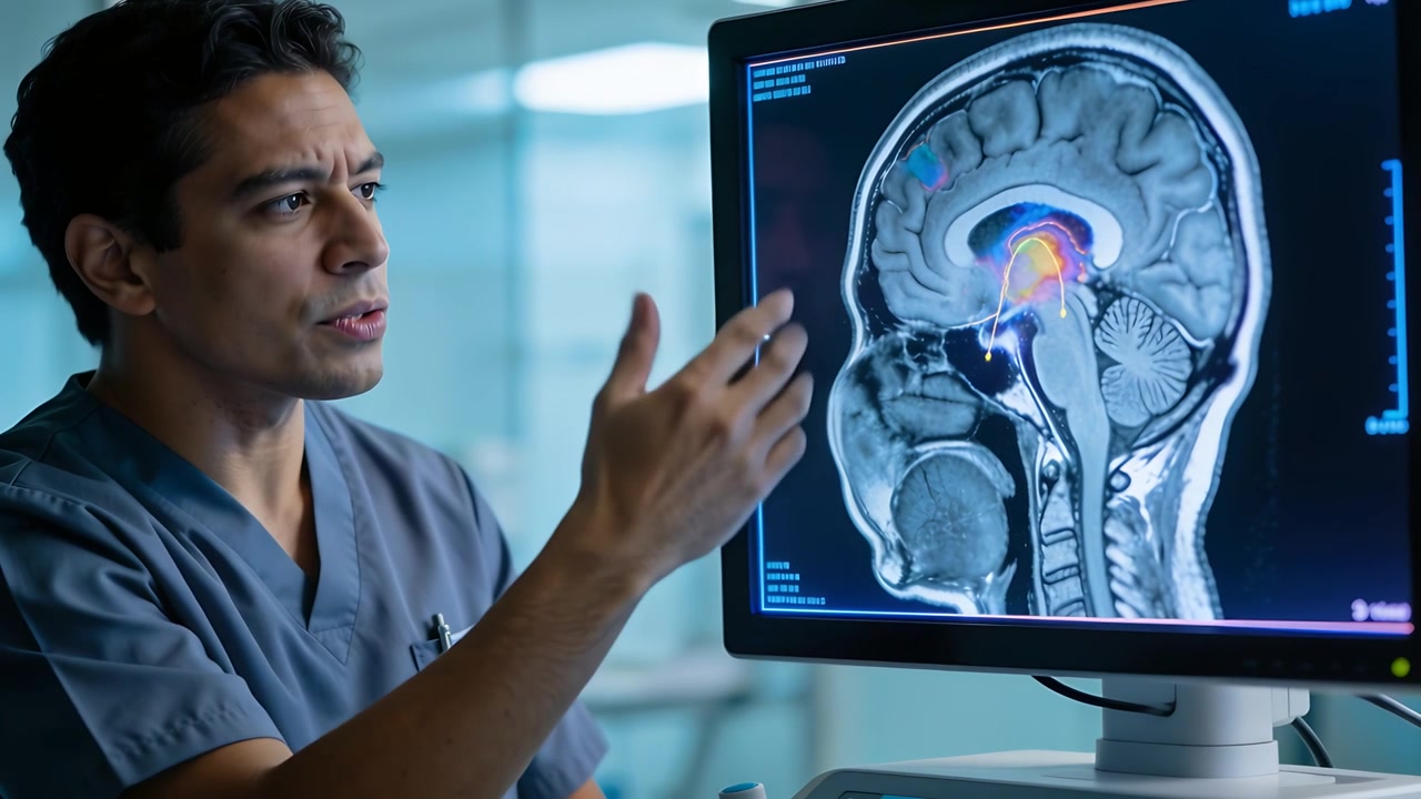 Médico de scrubs apontando, analisando o mapa de calor do monitor, explicando ressonância magnética sagital na mesa.