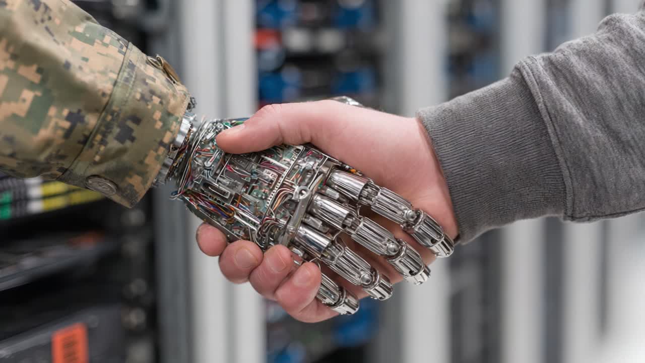A Futuristic Encounter: A Soldier and a Robotic Hand Unite in a Symbolic Gesture of Collaboration and Progress within Technology's Expanding Horizon