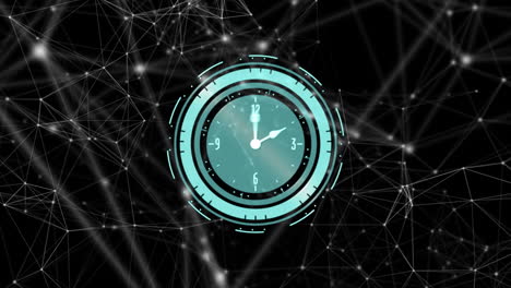 animación de la red de conexiones y reloj moviéndose sobre fondo negro