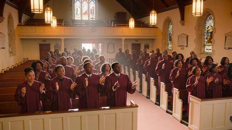 Hymn starting leading maroon-robed choir members standing in pews, clapping and singing for worship