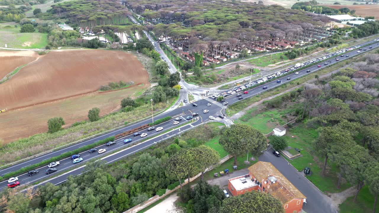 highway intersection traffic drone shot Via Cristoforo Colombo Rd., italy