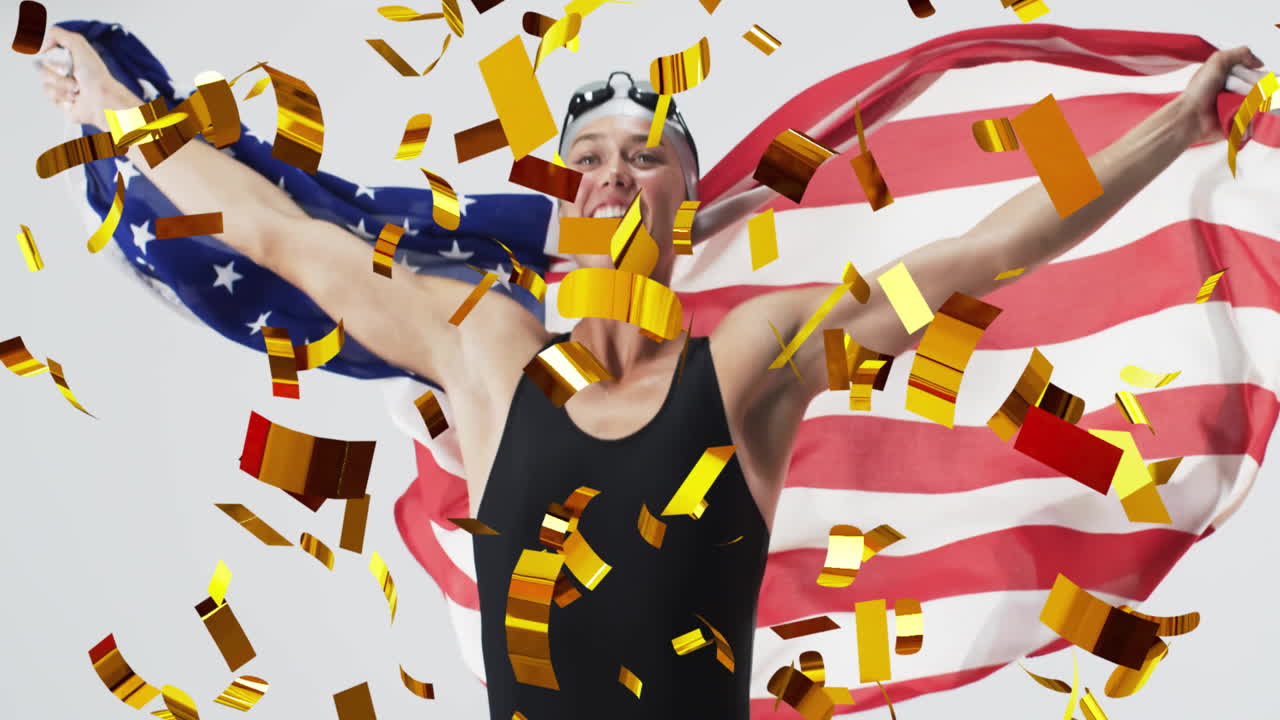 미국 발을 들고 있는 백인 여성 수영 선수 위의 콘페티 애니메이션