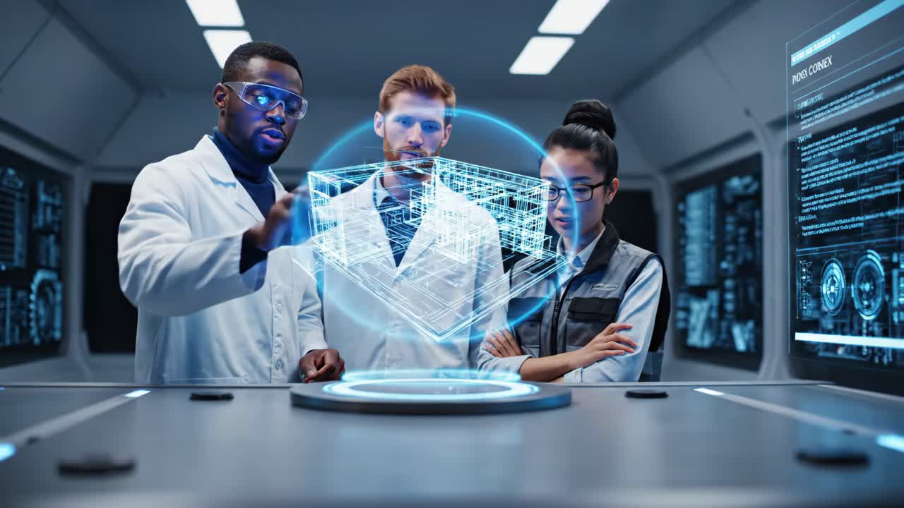 Futuristic Scientists Collaborating with Hologram Technology