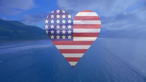 animation of flag of america heart shape and red, white and blue circles over sunny beach and ocean