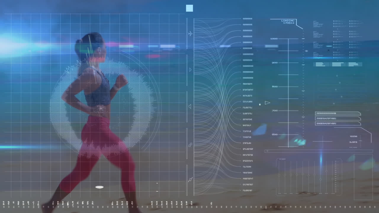 해변에서 달리는 건강한 여성에 대한 스 스캔과 데이터 처리의 애니메이션