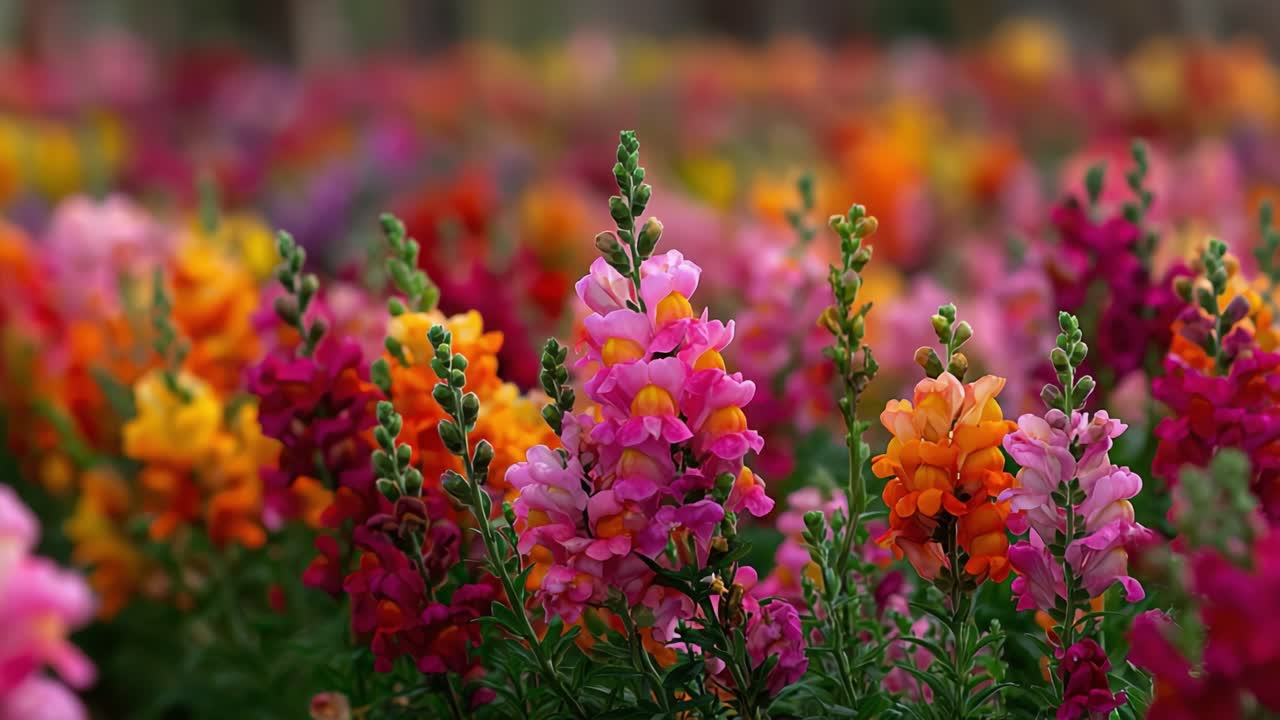 En livfull uppvisning av färgglada lejongap i full blom, som visar naturens skönhet med levande nyanser av rosa, orange och rött i ett fängslande blomsterlandskap