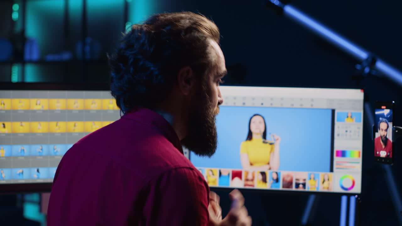 Photographer using smartphone selfie camera to film content, discussing image retouching software