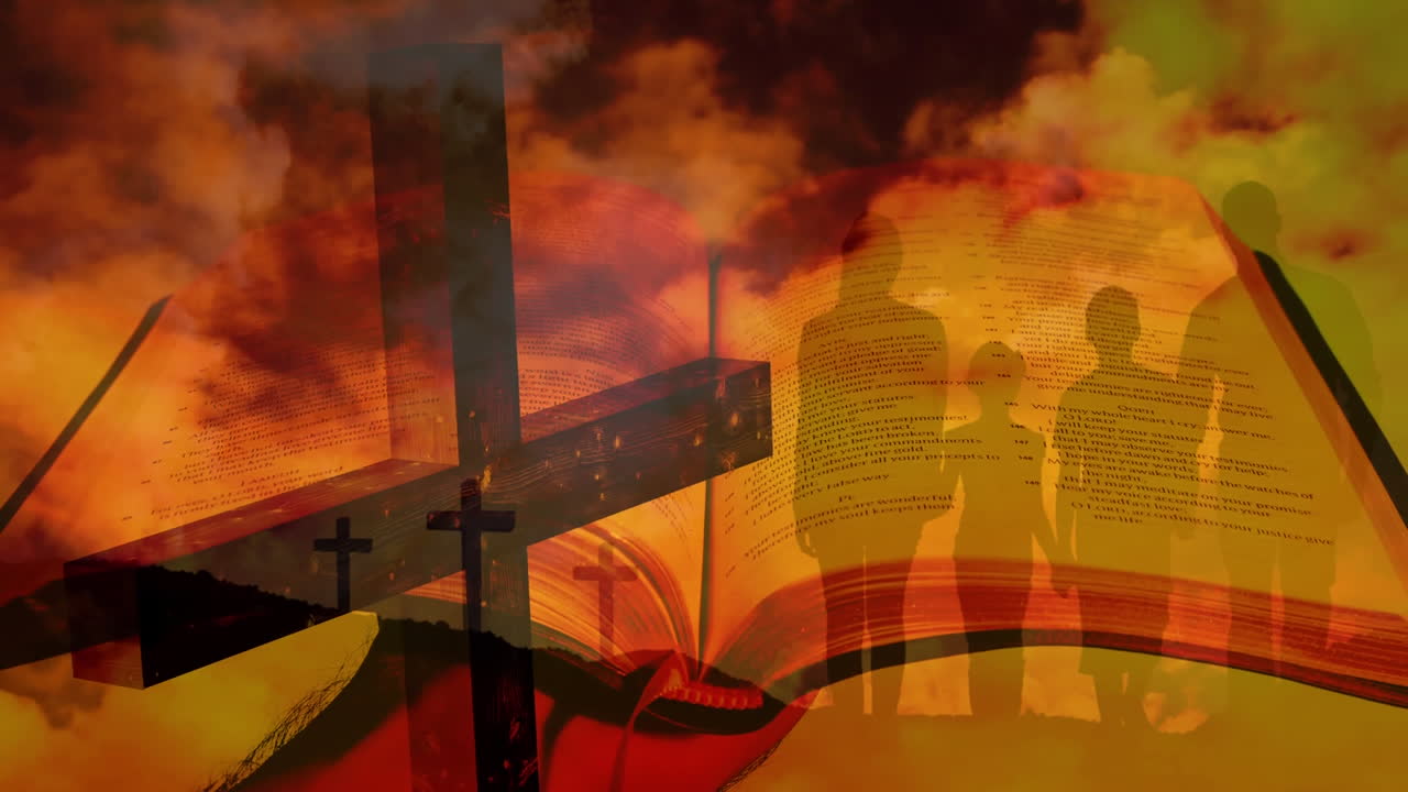가족과 성경 위에 있는 기독교 십자가의 애니메이션