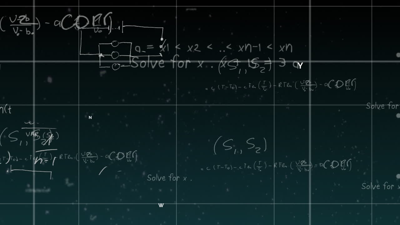 Animation of mathematical formulae moving and flickering on dark background