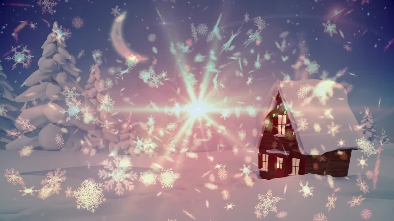 анимация зимнего пейзажа с домом