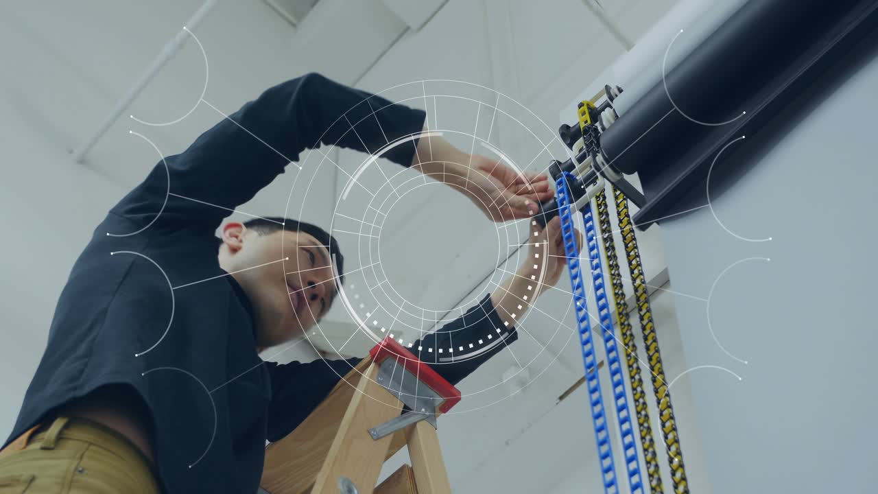 Male technician climbing ladder and aligning blue sprocket on roller while HUD highlighting repair