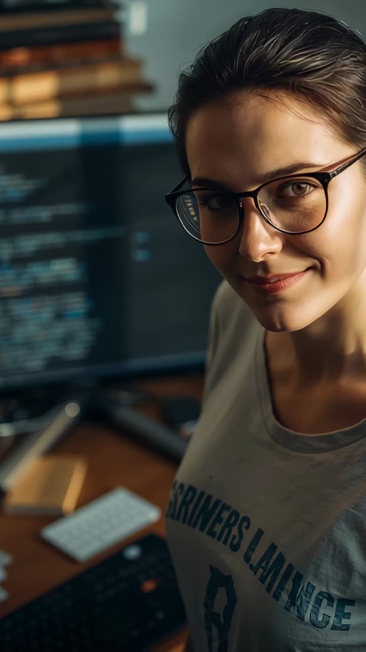 Vertical video: Camera rolling, woman wearing tee and glasses turning head at desk, code on monitor
