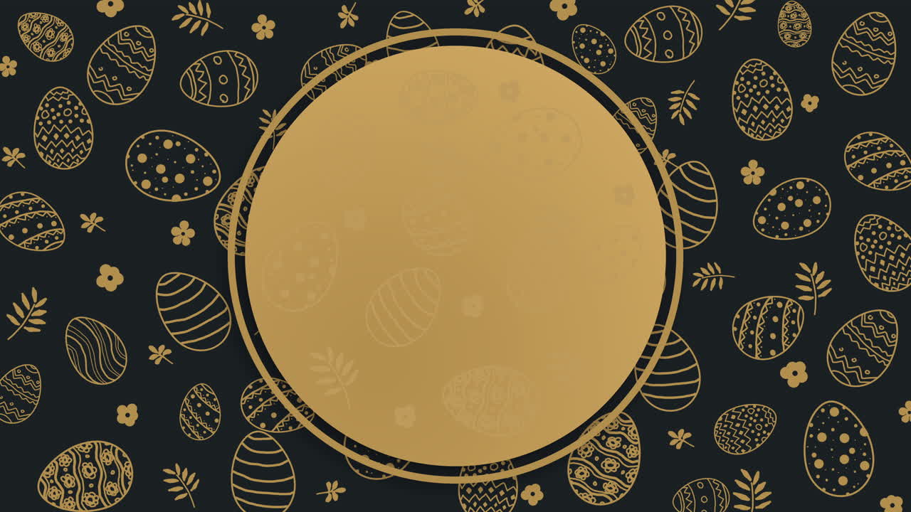 Easter eggs animation of hand drawn pattern on black background. Happy Easter round frame with space for text.