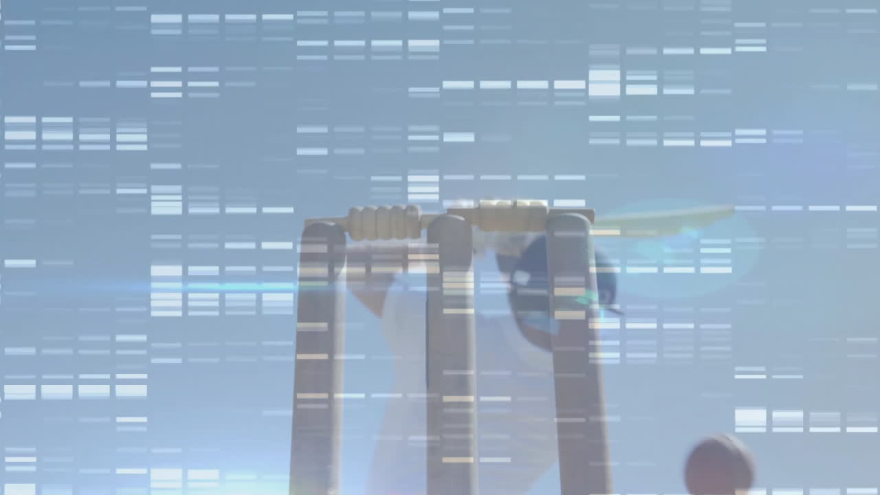 Man gripping cricket bat behind stumps on field, featuring technology glitch overlay