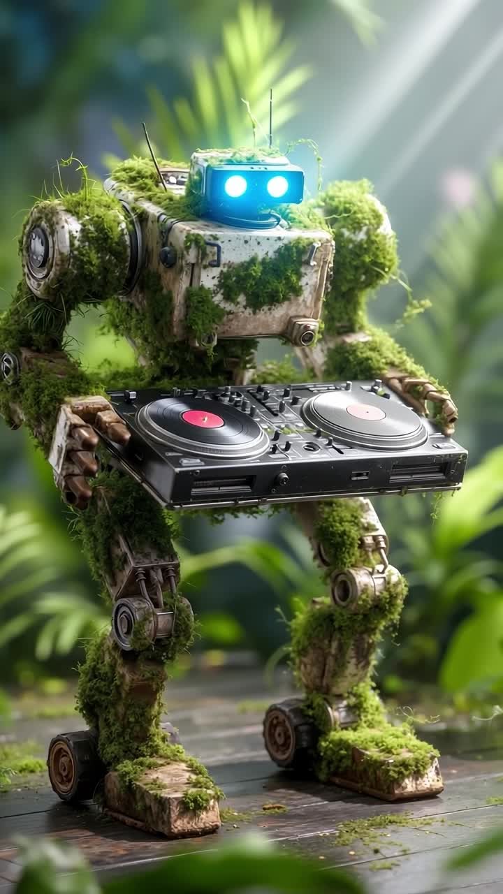 Un robot con un giradischi al centro di una rigogliosa foresta verde