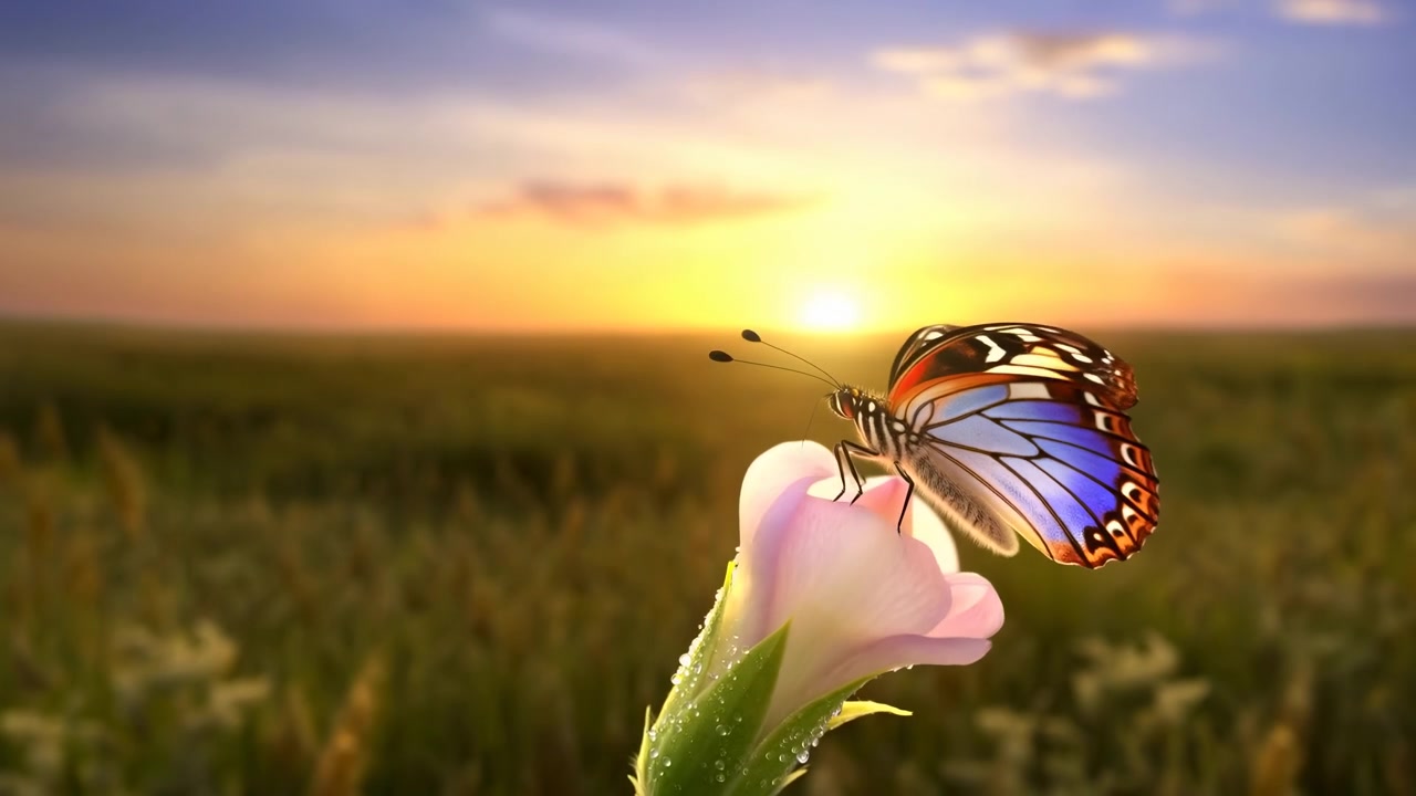 Sequenza in stile time-lapse che mostra la progressione di una farfalla dal riposo su un bocciolo viola chiuso a un decollo pronto su un fiore rosa pallido aperto, soggetto principale situato