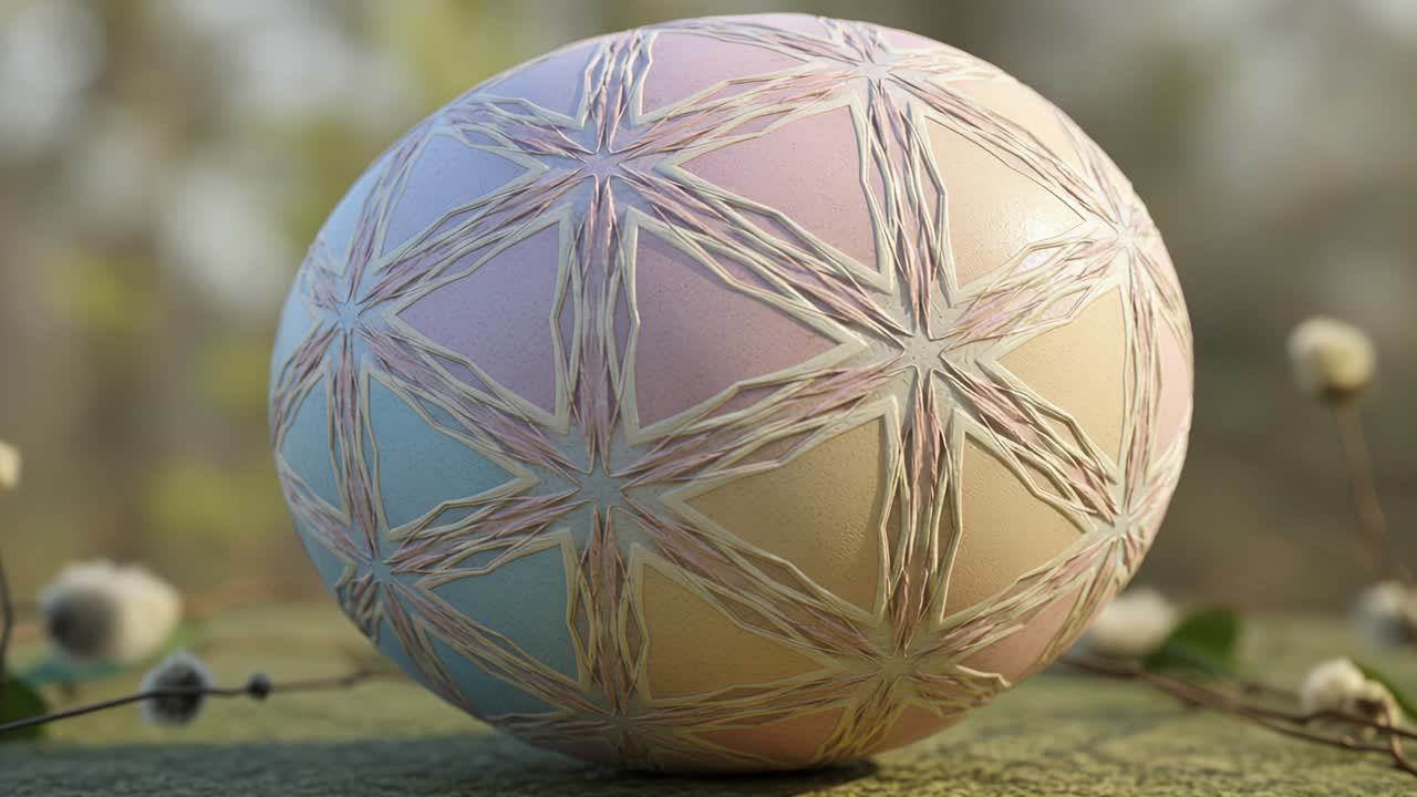 A Beautifully Crafted Decorative Egg Featuring Intricate Patterns and Soft Pastel Colors, Perfectly Displayed Against a Natural Background Setting