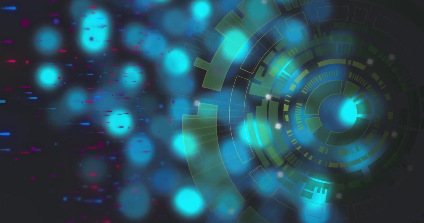 On startup green HUD rotating, illuminating segments while teal bokeh drifting to reveal interface