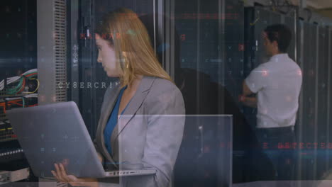 animación del procesamiento de datos de seguridad sobre diversos colegas que trabajan en la sala de servidores