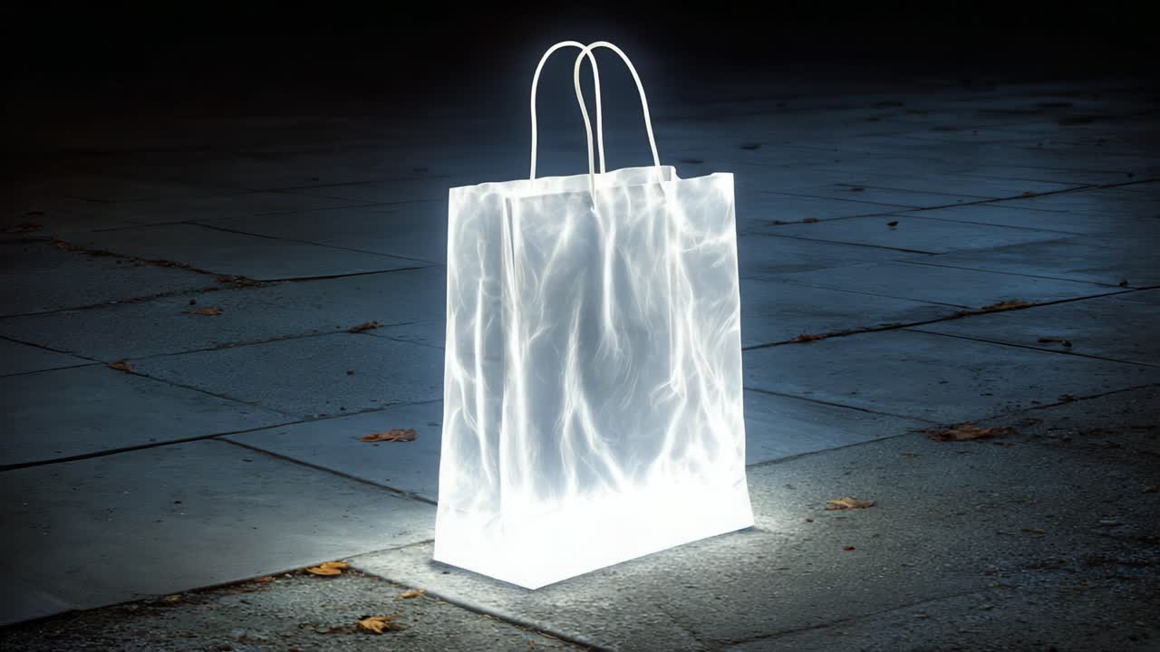Illuminated Shopping Bag: A Captivating Glimpse into the Enigmatic Glow of a Translucent Carrier with Ethereal Light Patterns in a Dark Setting
