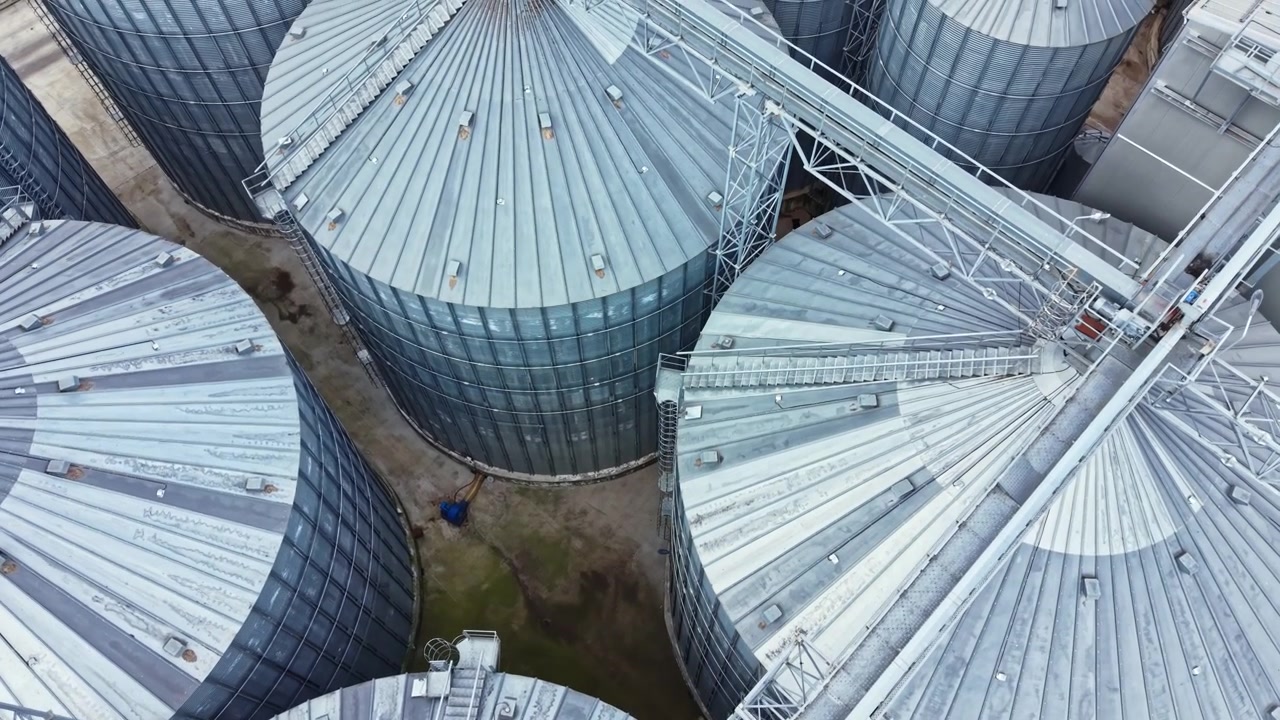 Large storage silos are arranged in a pattern at a farming facility during daylight hours
