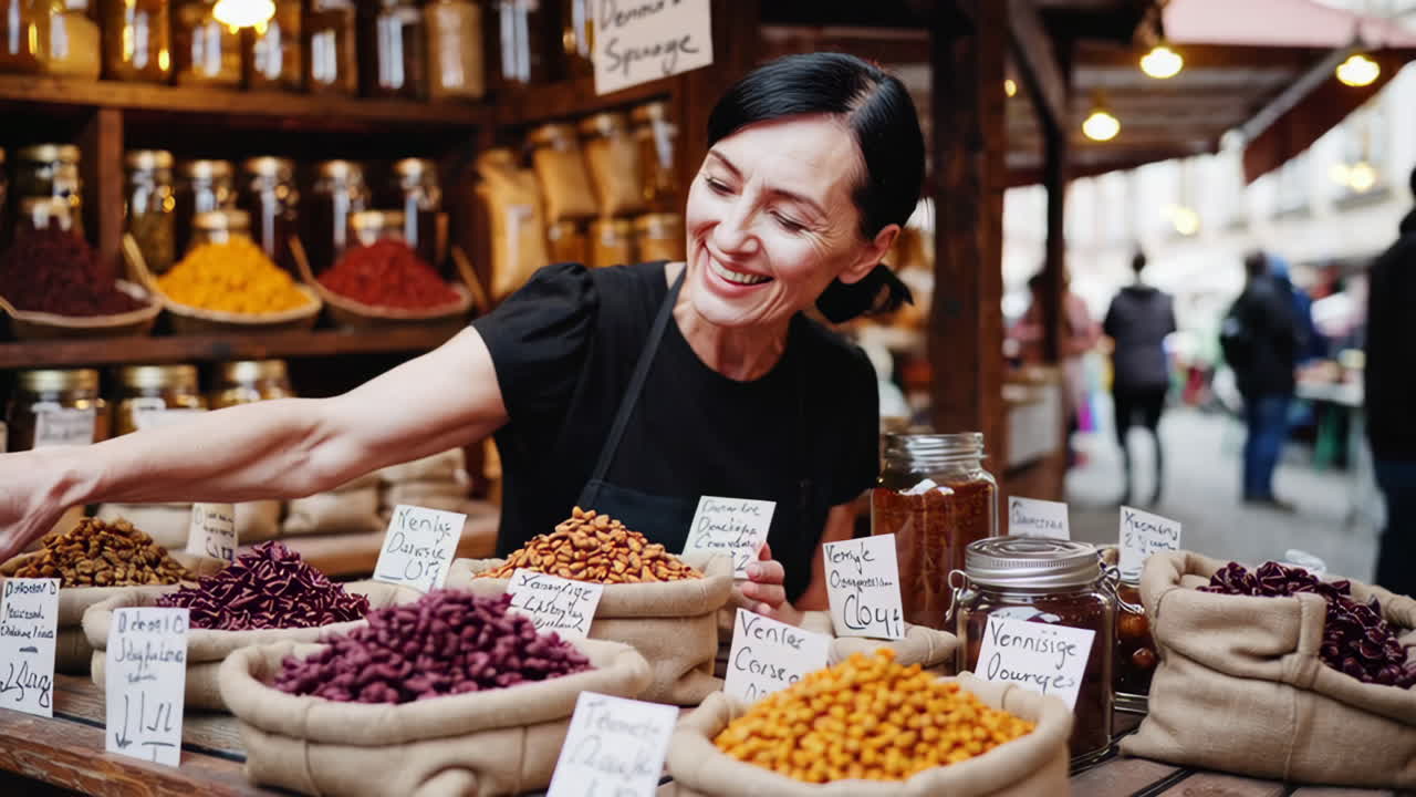Woman selling spices and nuts at a market