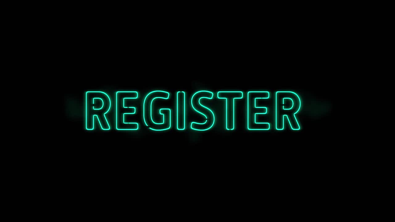 Animation of neon green register text banner blinking against copy space on black background