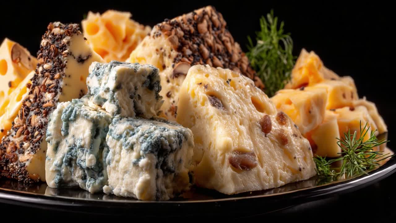 A Tempting Array of Gourmet Cheeses Displayed on a Black Plate, Showcasing Varieties Such as Creamy Blue, Sharp Cheddar, and Nut-Crusted Delicacies with Fresh Herb Accents