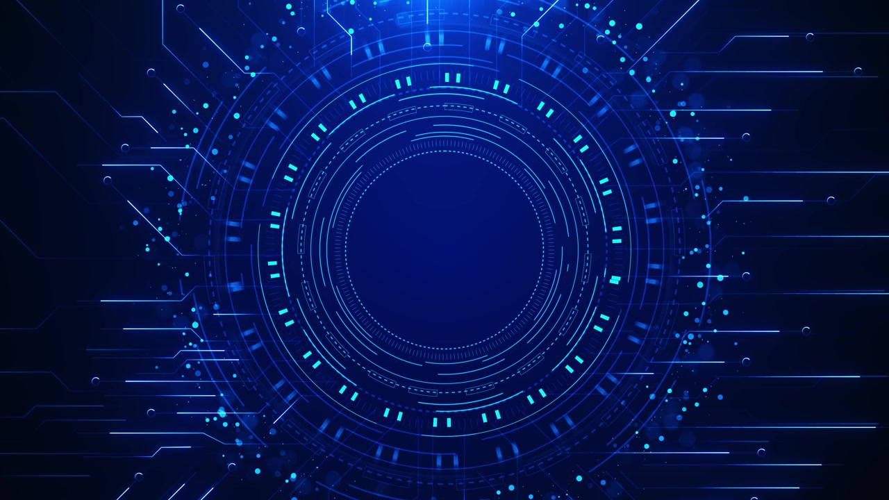 Sfondo Interfaccia HUD Circolare Anelli Luminosi Linee di Circuito Particelle Puntinate Spazio Tecnologico Video AI