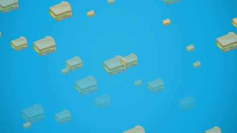 animation of multiple cheese sandwiches floating on blue background