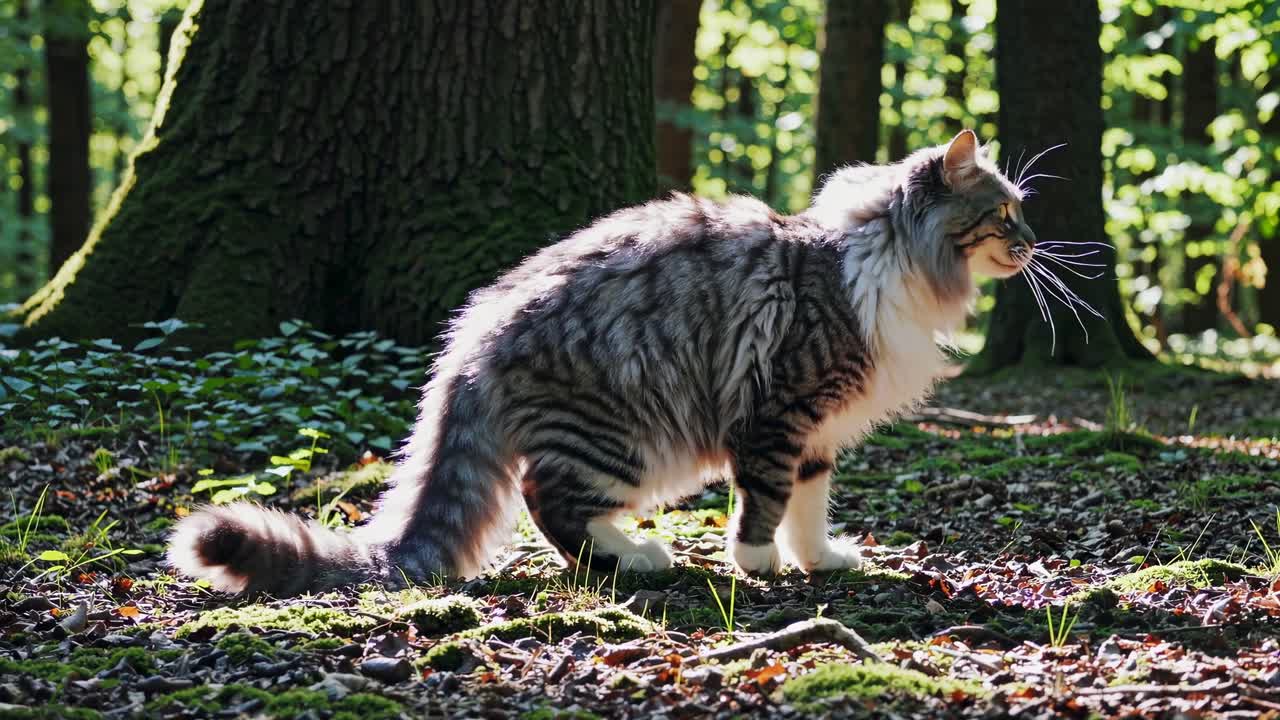 Un gatto soffice passeggia in una foresta illuminata dal sole, ripreso da un angolo basso