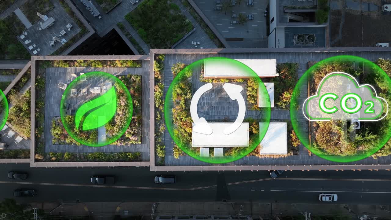 Sustainable Smart Building Rooftops with Eco Icons – Green Energy, Recycling, and Climate Monitoring Technology Concept