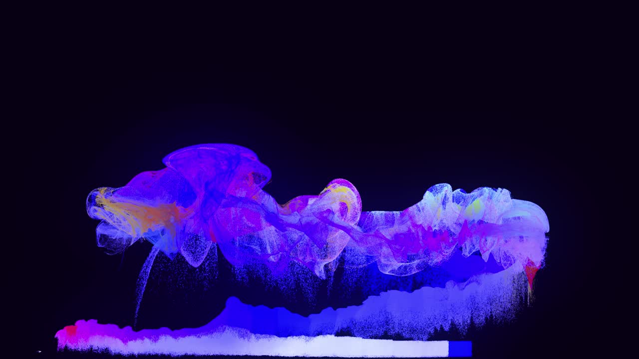 las partículas de brillo se extienden en la cámara como efecto de tinta. la bola emisora emite remolinos de partículas de brilla que forman rastros de luz. luma mate como canal alfa. nube de partículas. bg colorido hermoso con partículas