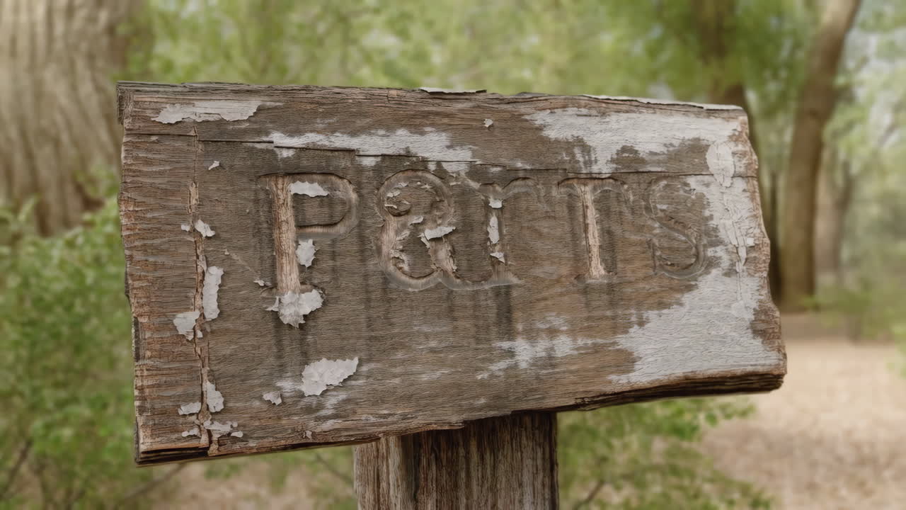 Weathered Wooden Sign with Carved Text "P&T is" in an Outdoor Setting