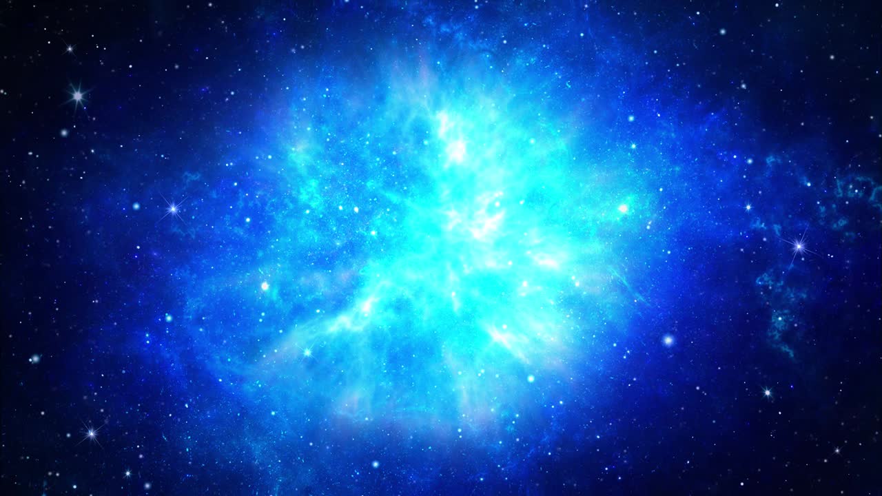 Spaceship flies around the Orion nebula in space space power electric Light Loop Animation Backgound.