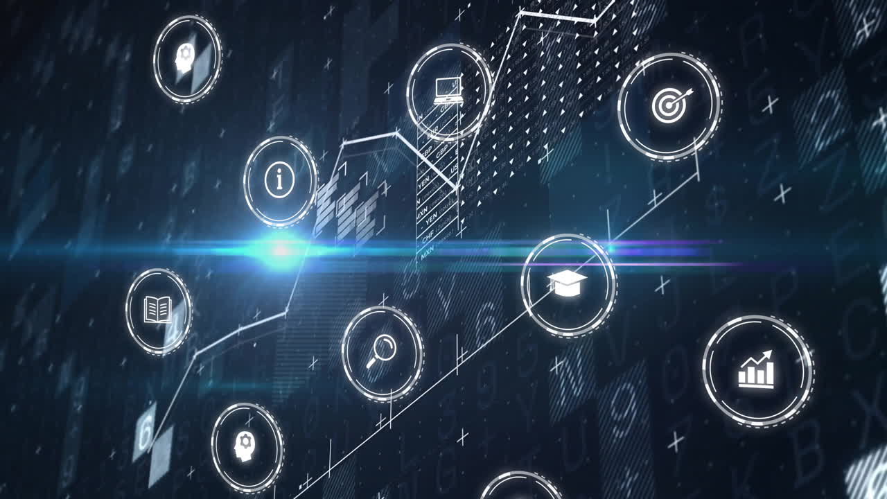 검은색 배경에 데이터 처리를 통해 비즈니스 아이콘의 애니메이션