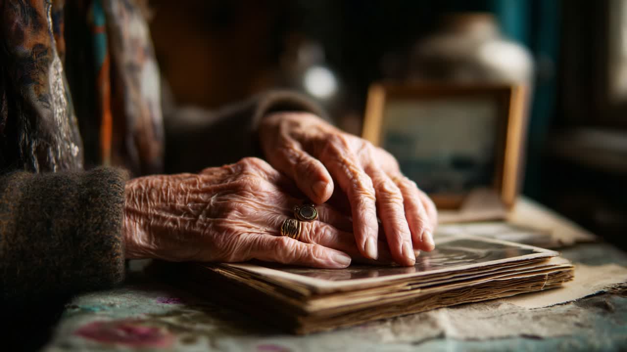 An elderly person's hands gently rest on a collection of old photographs, evoking nostalgia and the passage of time, as memories unfold through cherished moments captured in images