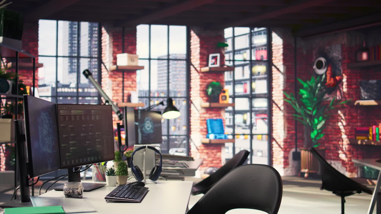 Empty desk for an expert technician with advanced computing visuals