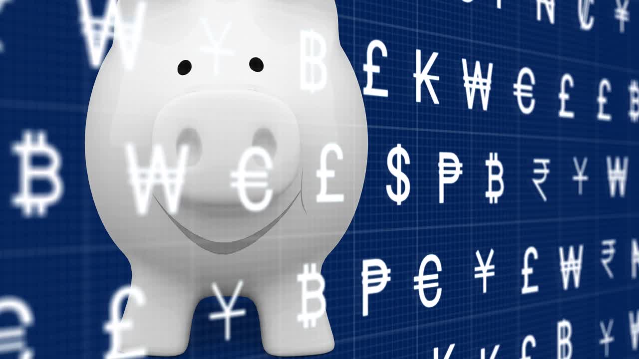 파란색 배경에 돼지 은행 위에 통화 아이콘의 애니메이션