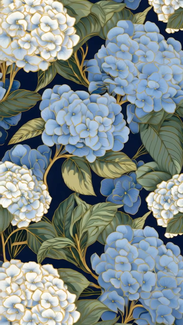 Motivo floreale di ortensie blu e bianche a scorrimento continuo
